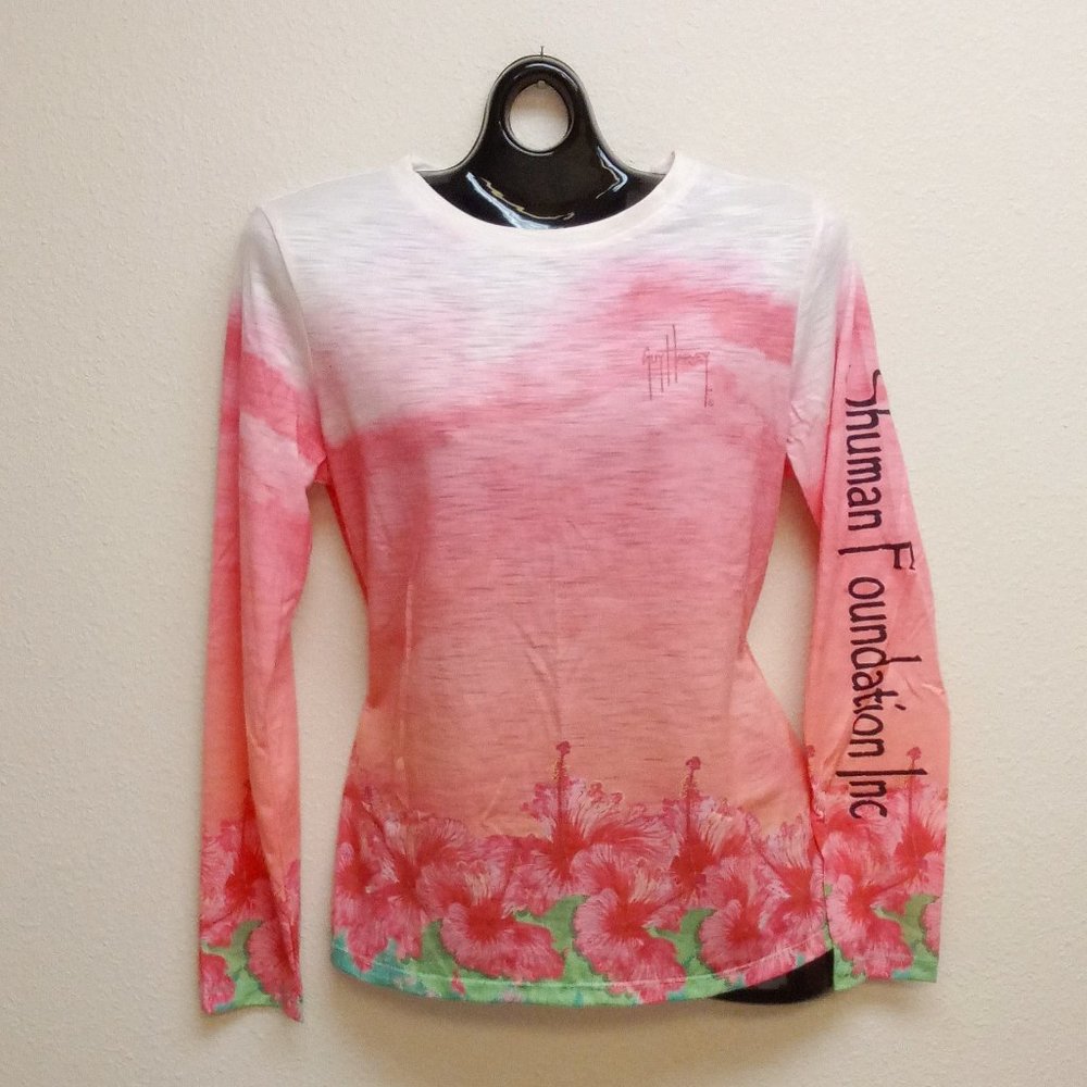 Guy Harvey Long Sleeve Shirt, Pink/Orange/Green Hibiscus Women's Size Medium.